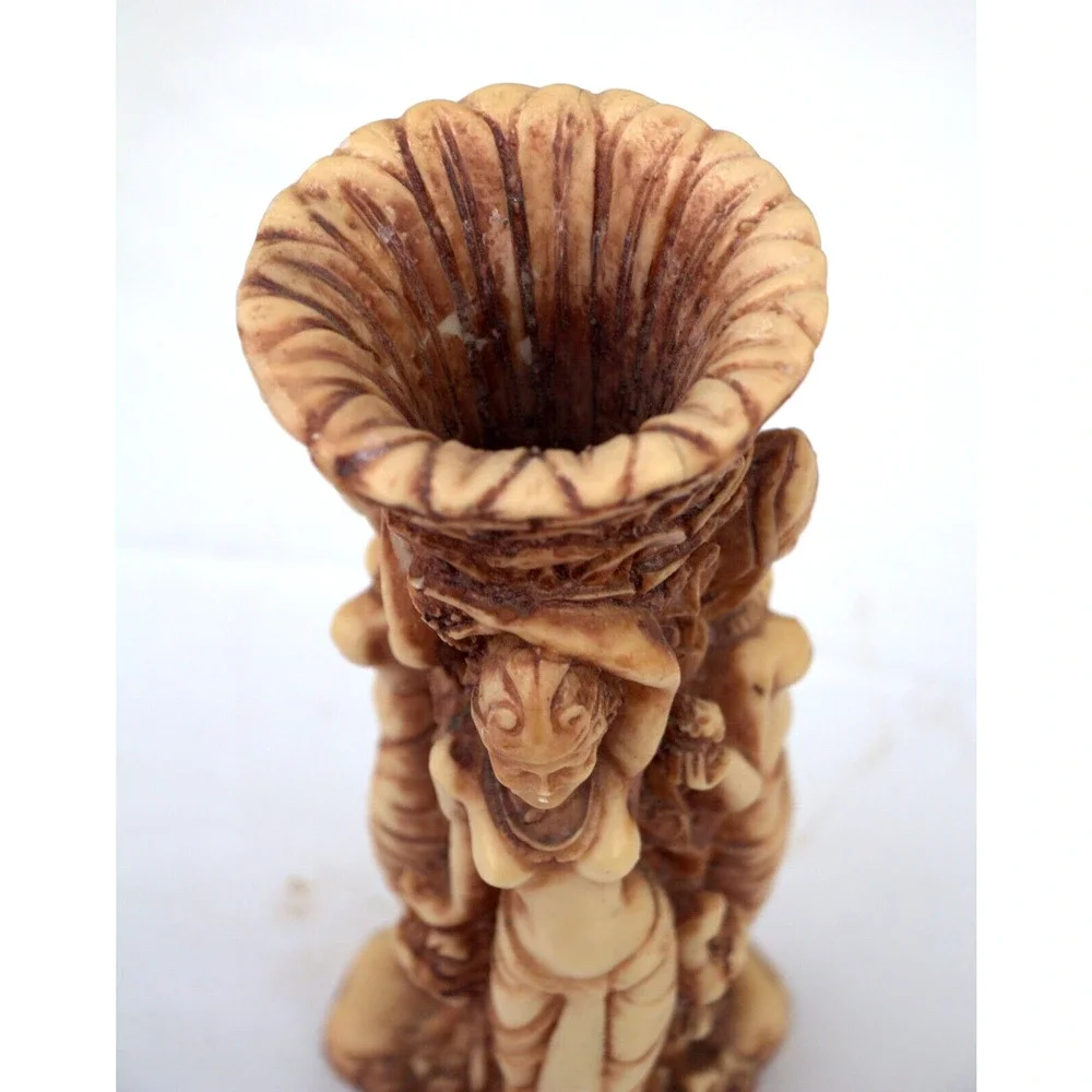 Carved Ethnic Art Vase Decorated in Plants Animals & Dancing Topless Ladies